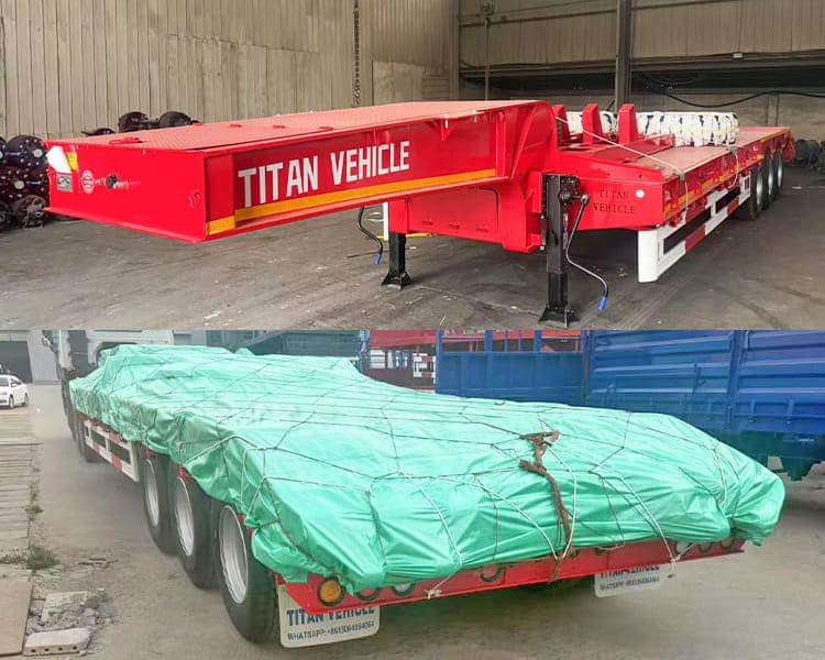 Expédition de semi-remorques surbaissées à vendre  Les semi-remorques surbaissées TITAN offrent deux options de transport selon les besoins du client. L'une consiste à charger la semi-remorque surbaissée dans des conteneurs, l'autre à l'expédier par navire roulier.  Avant de quitter l'usine, toutes les semi-remorques surbaissées sont soumises à plusieurs couches de protection contre la rouille. Une couche de cire protectrice est d'abord appliquée, puis une housse imperméable est installée pour créer une barrière contre l'humidité. Ce mode d'emballage permet de protéger la semi-remorque de la rouille causée par les variations de température et d'humidité pendant le transport maritime.